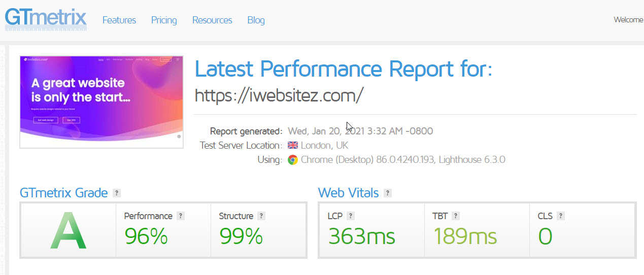 gt metrix score after nitropack